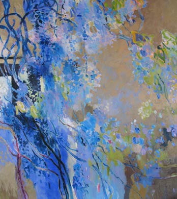 Blauwe regen schilderij van beeldend kunstenaar Ciska van der Meer te Amsterdam