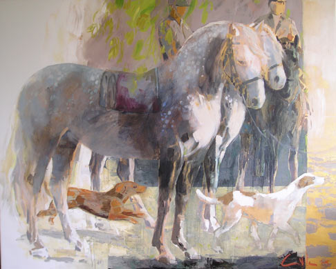 schilderij paarden en jachthonden van beelden kunstenaar Ciska van der Meer te Amsterdam